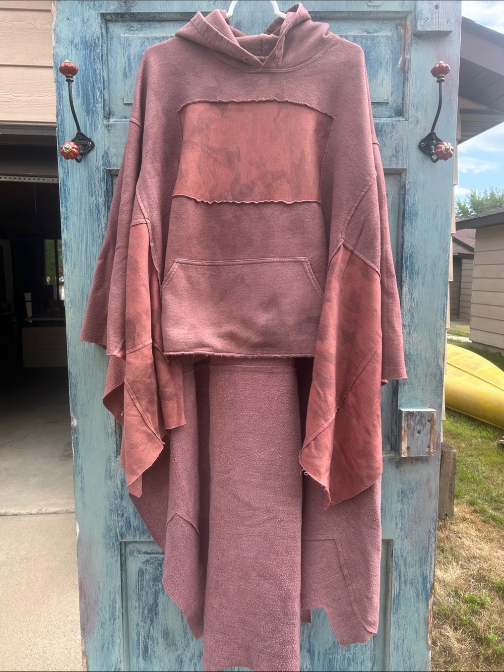 Upcycled wasteland scavenger patched and dyed asymmetrical high low poncho